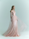 Shiny Pink Mermaid Off the Shoulder Tulle Sequin Party Dress Prom Dress Formal Gown HZ1023