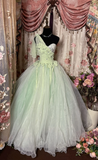 Vintage Light Green Ball Gown One Shoulder Flower Organza Long Prom Dress Evening Dress HZ1023