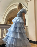 Cute Blue Tulle Tiered Hepburn Princess Prom Dress Evening Dress Ball Gown HZ1023
