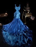 Charming Blue Mermaid Strap Organza Satin Party Dress Evening Dress HZ1023