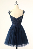 Navy Blue Spaghetti Straps Short Homecoming Dress With Appliques HZ1023