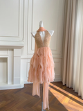 Fairy A Line V Neck Beaded Layered Pink Chiffon Short Homecoming Dress Cocktail Dress HZ1023