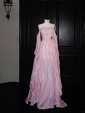 Gentle A Line Off the Shoulder Layered Rhinestone Beaded Pink Organza Long Party Dress HZ1023