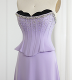 Lilac A Line Sweetheart Neck Beaded Satin Chiffon Long Prom Dress Evening Dress HZ1023