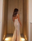 Charming Sheath Spaghetti Straps Champagne Sequin Long Prom Dress Evening Dress HZ1023