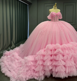 Charming Ball Gown Off-The-Shoulder Appliques Pink Tulle Sweet 16 Dress, Quinceanera Dress HZ1023