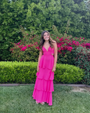 Hot Pink A Line Satin Layer Long Prom Dress Party Evening Dress HZ1023