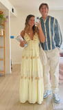 2025 New A Line Spaghetti Strap Embroidered Light Yellow Satin Prom Dress Outfits HZ1023