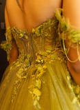 Fairy A Line Off the Shoulder Corset Appliques Green Tulle Prom Dress Evening Dress HZ1023