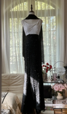 Shiny Sheath Strap Black White Beaded Chiffon Long Open Back Prom Dress Evening Dress HZ1023