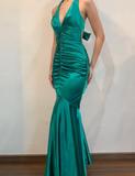 Vintage Mermaid Halter V Neck Green Satin Open Back Long Prom Dress Evening Dress HZ1023