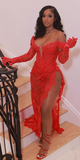 Sexy Lace Slit Mermaid Prom Dress Red Evening Dress HZ1023
