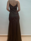 Vintage Mermaid Spaghetti Strap Sequins Brown Chiffon Prom Dress Evening Dress HZ1023
