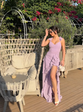 Lilac Flowy Sheath Spaghetti Strap Ruffle Chiffon Prom Dress Party Dress with Slit HZ1023