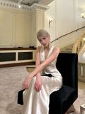 Classic Simple A Line Halter Satin Open Back Long Evening Dress Party Dress HZ1023