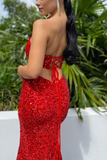 Red Sequins Strapless Long Prom Dress Mermaid Slit Evening Dress HZ1023