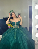 Green Tulle Applique Off the Shoulder Long Prom Dress Quinceanera Dress Ball Gown HZ1023