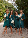 Elegant A Line V Neck Green Satin Short Evening Dress Bridesmaid Dress HZ1023