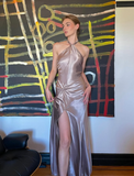 Simple A Line Halter Brown Satin Open Back Long Prom Dress Graduation Prom Dress with Slit HZ1023