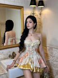 Golden A Line Sweetheart Neck Lace Satin Short Prom Dress Homecoming Dress HZ1023