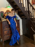 Gorgeous Mermaid Off the Shoulder Blue Sequin Satin Long Prom Dress Evening Dress HZ1023