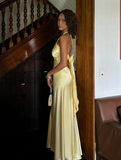 Elegant A Line Halter Yellow Bow Satin Open Back Prom Dress Graduation Prom Dress HZ1023