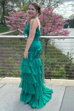 Green V-Neck Satin Chiffon Ruffle Long Prom Dress Mermaid Slit Evening Dress HZ1023
