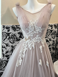 Dusty Rose Quartz A Line Round Neck White Appliques Tulle Long Party Dress Prom Dress Formal Dress HZ1023