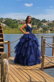 Elegant Navy Blue V Neck Layered Tulle Beaded Prom Dress,Long Formal Evening Dress HZ1023