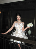 Blue Feather 3D Floral A Line Sweetheart Neck Tulle Short Cocktail Dress Homecoming Dress HZ1023