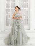 Pretty A Line Strapless Appliques Grey Tulle Long Prom Dress Evening Dress HZ1023