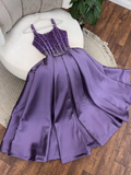 Purple A Line Spaghetti Strap Beaded Pearls Satin Long Prom Dress Evening Dress HZ1023