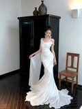 Elegant Mermaid Straps White Satin Long Sweep Party Dress Wedding Dress HZ1023