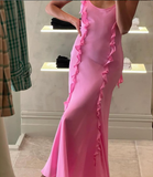 Cute Mermaid Straps Ruffle Pink Chiffon Prom Dress Graduation Prom Dress HZ1023