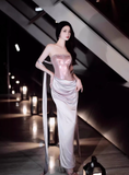 Purple Exquisite Beaded Sheath Strapless Corset Satin Prom Dress Party Dress with Slit HZ1023