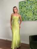 Simple Sheath Spaghetti Strap Green Satin Long Prom Dress Graduation Prom Dress HZ1023