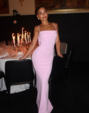 Elegant Sheath Spaghetti Strap Pink Satin Long Prom Dress Evening Dress HZ1023