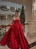 Elegant A Line V Neck Red Satin Prom Dress Evening Dress Ball Gown HZ1023
