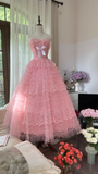 Cute A Line Sweetheart Neck Pink Layered Lace Tulle Long Party Dress Birthday Dress HZ1023