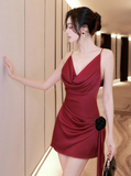 Burgundy A Line Spaghetti Straps Pleated Satin Short Homecoming Dress Outfits HZ1023