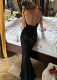 Sexy Mermaid Straps Appliques Rhinestone Black Tulle Open Back Evening Dress Prom Dress HZ1023