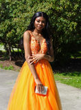 Charming A Line V Neck Appliques Orange Tulle Prom Dress Evening Dress HZ1023