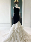 Mermaid One Shoulder Black White Satin Long Prom Dress Evening Dress HZ1023