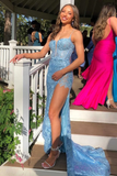 Sequins Lace Applique Spaghetti Straps Long Prom Dress With Slit HZ1023