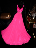 Charming A Line Spaghetti Strap Pink Beaded Satin Chiffon Long Prom Dress Party Dress HZ1023