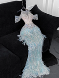 Gorgeous Exquisite Mermaid Beaded Blue Tulle Prom Dress Evening Dress Party Dress HZ1023