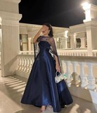 Navy Blue A Line Strapless Satin Prom Dress Evening Dress with Cap HZ1023
