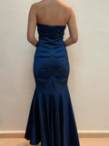 Vintage Mermaid Sweetheart Neck Beaded Navy Blue Satin Prom Dress Evening Dress HZ1023