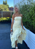 Mermaid Strapless Ruffle Light Yellow Satin Long Prom Dress Evening Dress HZ1023