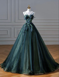 Elegant A Line Dark Green Tulle Long Prom Dress HZ1023